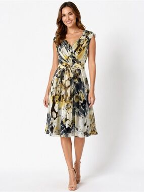 Adrianna Papell Pleated Chiffon Faux Wrap Belted Dress Size 4 Abstract Print